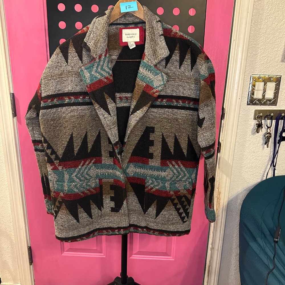 Forever 21- Brown, red, teal, native print jacket. Missing one button.